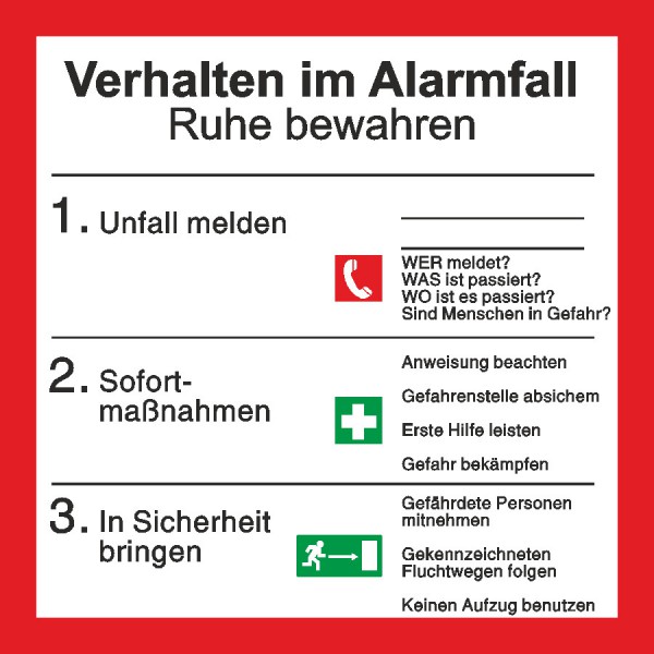 Brandschutzaushang Verhalten im Alarmfall mit Symbolen nach BGV A8