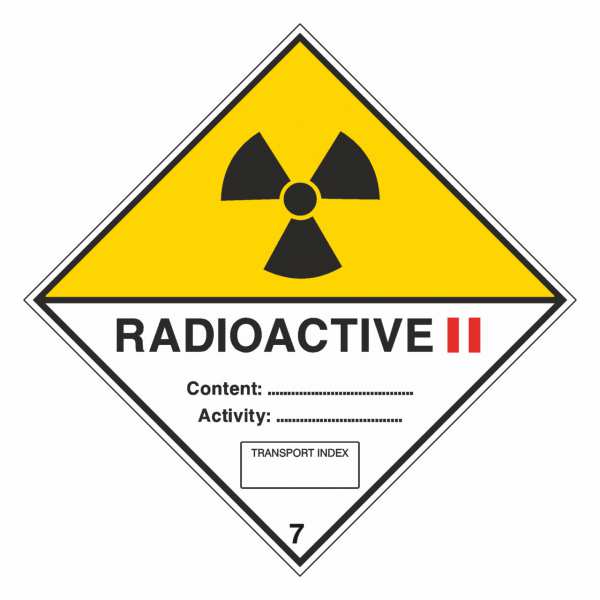 Gefahrzettel Radioaktive Stoffe, Kategorie II Klasse 7B