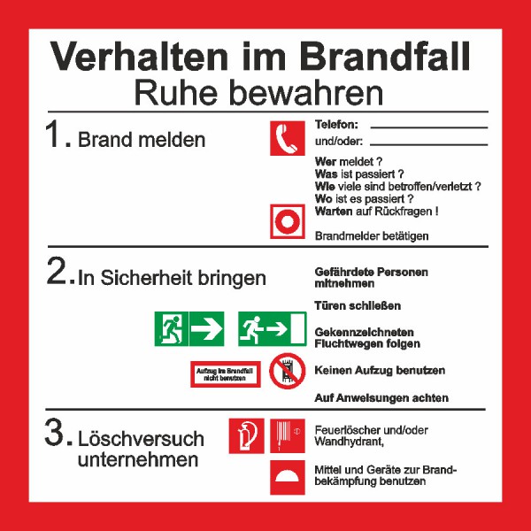 Brandschutzaushang Verhalten im Brandfall mit Symbolen nach BGV A8