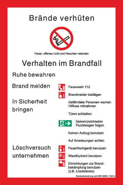 Brandschutzaushang nach DIN 14096-1 (Teil A) mit Symbolen nach ISO 7010