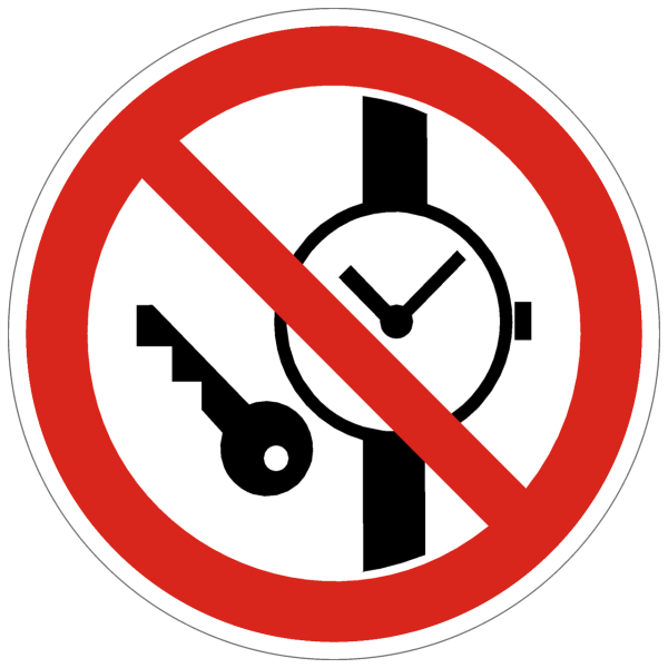Verbotszeichen Mitführen von Metallteilen und Uhren verboten nach BGV A8 (P20)